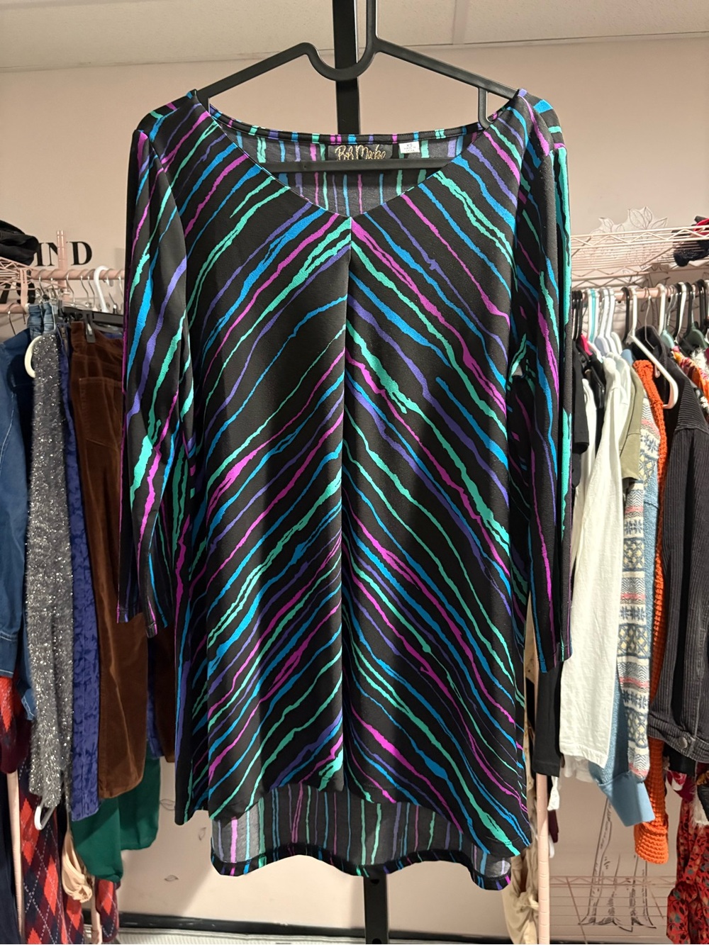 Bob Mackie Black Tunic with Teal Purple and Aqua Stripes Size XS